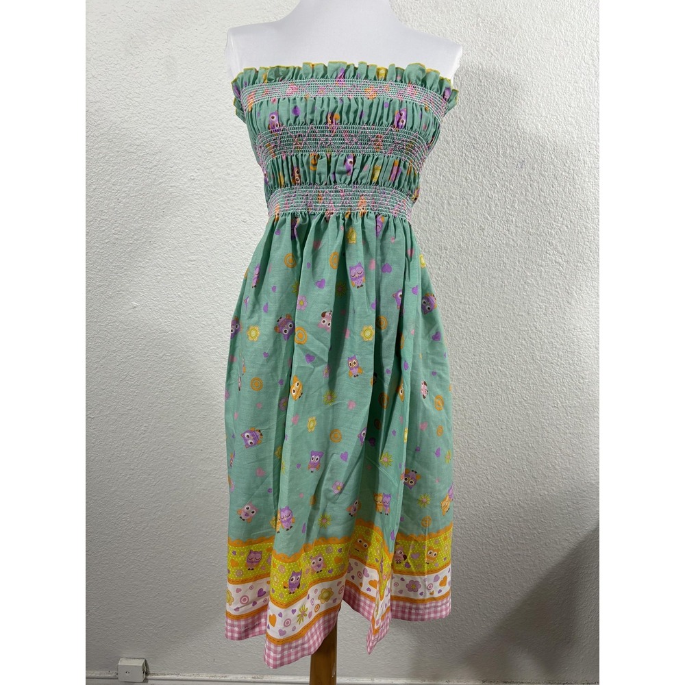 Owl Print Dress Womens Medium Green Strapless Smocked Summer Homemade Cotton